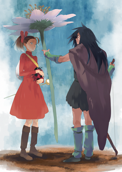 Anime picture 1150x1626 with the borrower arrietty studio ghibli arrietty spiller akkc long hair tall image brown hair full body ponytail couple dark skin rain face paint girl dress boy flower (flowers) weapon boots