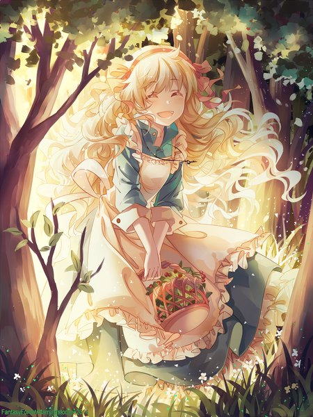 Anime picture 1125x1500 with kagerou project shaft (studio) mary (kagerou project) instockee single long hair tall image blush fringe open mouth blonde hair eyes closed wavy hair revision girl dress plant (plants) tree (trees) food hairband
