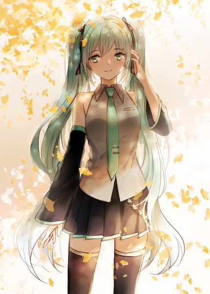 イラスト 858x1200 と ボーカロイド 初音ミク 雨谷 ソロ 長身像 赤面 前髪 笑顔 ツインテール 肩出し looking away very long hair aqua eyes aqua hair autumn hand on headphones 女の子 ストッキング 黒ストッキング 袖だけ