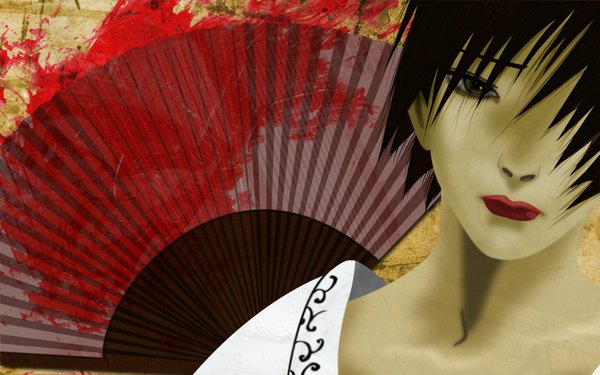 Anime picture 1920x1200 with blade of the immortal makie otono-tachibana samura hiroaki slim101 single fringe highres short hair black hair wide image lips black eyes hair over one eye lipstick colored girl fan