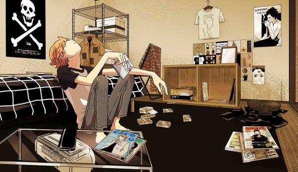 Anime picture 1252x723 with hikaru no go studio pierrot mitani yuuki kyakya single short hair wide image sitting bent knee (knees) barefoot orange hair looking up hand on knee skull and crossbones magazine cover boy bed t-shirt table clothes
