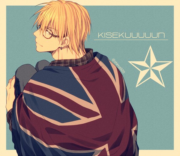 Anime picture 800x695 with kuroko no basket production i.g kise ryouta mashima shima single looking at viewer short hair simple background blonde hair signed yellow eyes profile looking back light smile from above from behind character names piercing ear piercing bespectacled