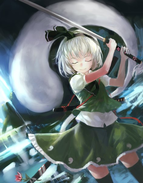 Anime picture 1100x1400 with touhou konpaku youmu myon zrero tall image short hair silver hair eyes closed ghost girl thighhighs skirt flower (flowers) black thighhighs sword hairband katana skirt set green skirt