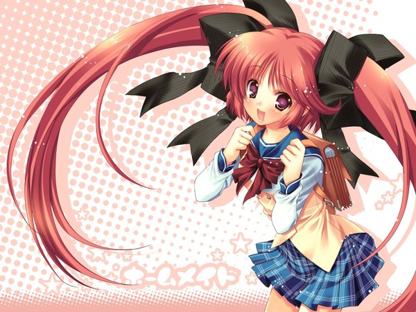 Anime picture 1600x1200 with homemaid hayami yumi twintails purple eyes red hair pink background girl skirt uniform ribbon (ribbons) school uniform serafuku backpack