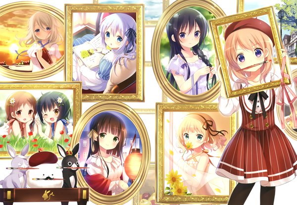 Anime picture 4694x3243 with gochuumon wa usagi desu ka? white fox kafuu chino hoto cocoa tedeza rize tippy (gochiusa) kirima sharo ujimatsu chiya jouga maya natsu megumi anko (gochiusa) aoyama blue mountain koi (koisan) long hair looking at viewer blush fringe highres short hair open mouth