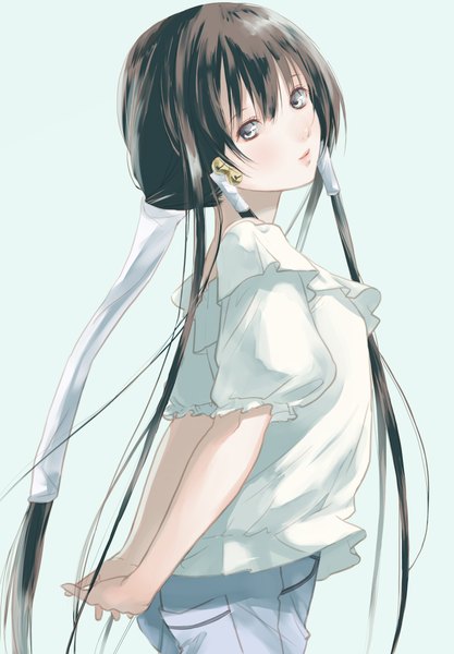 Anime picture 1600x2300 with getbackers studio deen fuuchouin kazuki hirai chika single long hair tall image looking at viewer blush fringe blue eyes black hair simple background hair between eyes twintails light smile lips short sleeves puffy sleeves low twintails