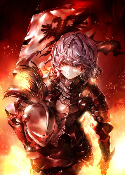 Anime picture 857x1200 with touhou remilia scarlet kozou single tall image looking at viewer fringe short hair red eyes holding purple hair wavy hair pale skin girl gloves elbow gloves armor feather (feathers) fire helmet