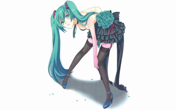 Anime picture 2560x1600 with vocaloid hatsune miku single long hair highres wide image white background twintails aqua eyes aqua hair shadow high heels girl thighhighs flower (flowers) black thighhighs miniskirt rose (roses)