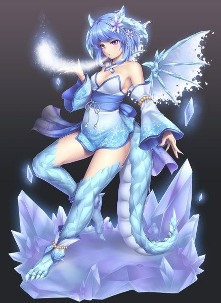 Anime picture 903x1239 with original sasaame single tall image short hair purple eyes bare shoulders blue hair traditional clothes japanese clothes hair flower horn (horns) dragon girl girl hair ornament flower (flowers) detached sleeves wings kimono ice