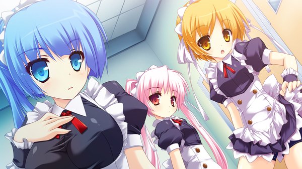 Anime picture 1280x720 with blades heart (game) long hair short hair blue eyes blonde hair red eyes wide image twintails multiple girls blue hair pink hair game cg maid orange eyes girl 3 girls