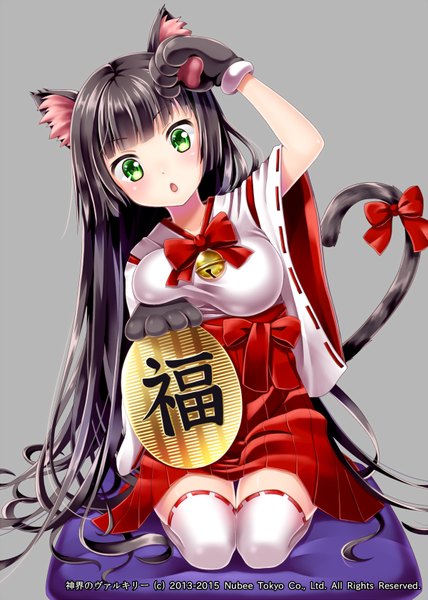 Anime picture 1200x1680 with shinkai no valkyrie lucky cct hakuda tofu single long hair tall image blush fringe breasts open mouth black hair simple background large breasts sitting green eyes animal ears bent knee (knees) tail long sleeves traditional clothes