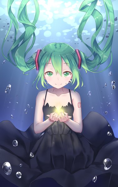Anime picture 1200x1900 with vocaloid shinkai shoujo (vocaloid) hatsune miku ji dao ji single long hair tall image looking at viewer blush fringe smile hair between eyes twintails bare shoulders green eyes payot green hair tattoo floating hair underwater