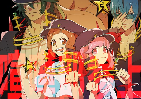 Anime picture 1000x700 with kill la kill studio trigger jakuzure nonon mankanshoku mako gamagoori ira sanageyama uzu inumuta houka unanmamu looking at viewer short hair open mouth simple background smile brown hair multiple girls brown eyes payot blue hair pink hair pink eyes