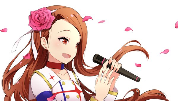 Anime picture 1800x1024 with idolmaster idolmaster movie minase iori lam (ramdayo) single long hair highres open mouth simple background brown hair wide image white background brown eyes looking away hair flower floating hair girl flower (flowers) petals choker