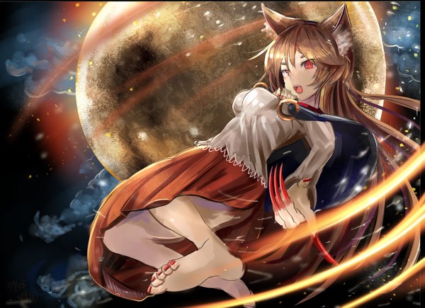 Anime picture 1280x929 with touhou imaizumi kagerou houdukixx single long hair looking at viewer fringe breasts open mouth red eyes brown hair animal ears cloud (clouds) nail polish barefoot fingernails night night sky girl dress