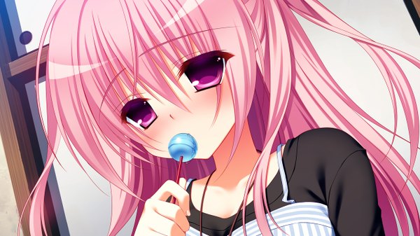 Anime picture 1280x720 with pure girl kanadome miyako long hair blush wide image purple eyes pink hair game cg loli cute girl lollipop