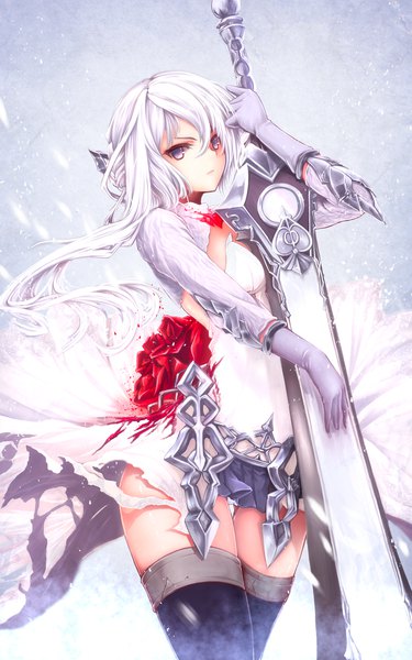Anime picture 1200x1920 with sinoalice snow white (sinoalice) gizensha single long hair tall image looking at viewer fringe light erotic hair between eyes holding white hair grey eyes thigh gap torn clothes serious girl thighhighs dress gloves