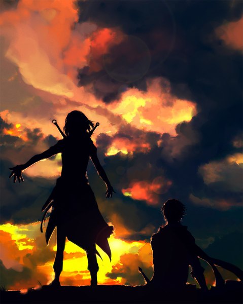 Anime picture 1032x1293 with original bwatermark tall image short hair standing looking away sky cloud (clouds) sunlight back evening sunset spread arms girl boy weapon huge weapon