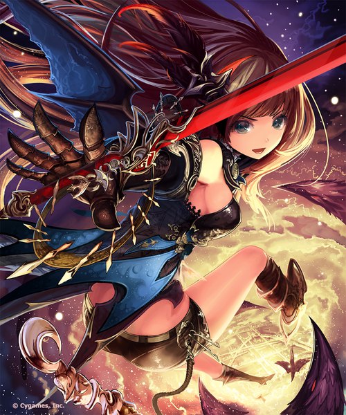 Anime picture 1500x1800 with shingeki no bahamut tachikawa mushimaro (bimo) single long hair tall image looking at viewer open mouth smile brown hair holding green eyes scan outstretched arm flying girl dress gloves weapon sword wings