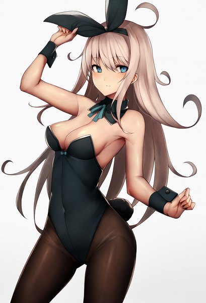 Anime picture 1000x1466 with original snm (sunimi) single long hair tall image looking at viewer blush fringe breasts blue eyes light erotic simple background hair between eyes brown hair large breasts standing bare shoulders animal ears cleavage tail