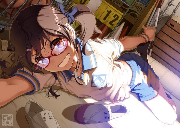 Anime picture 1200x850 with original aoi sora (pairan) pairan single long hair smile brown hair twintails brown eyes bent knee (knees) sunlight grin on stomach gym storeroom girl uniform hair ornament socks glasses shorts