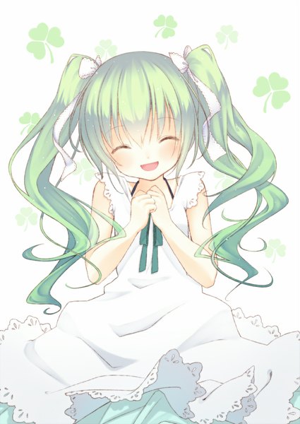 Anime picture 805x1137 with vocaloid mitsuba no clover (vocaloid) hatsune miku nana mikoto single long hair tall image blush open mouth smile twintails eyes closed green hair happy ^ ^ ^o^ girl dress bow ribbon (ribbons)