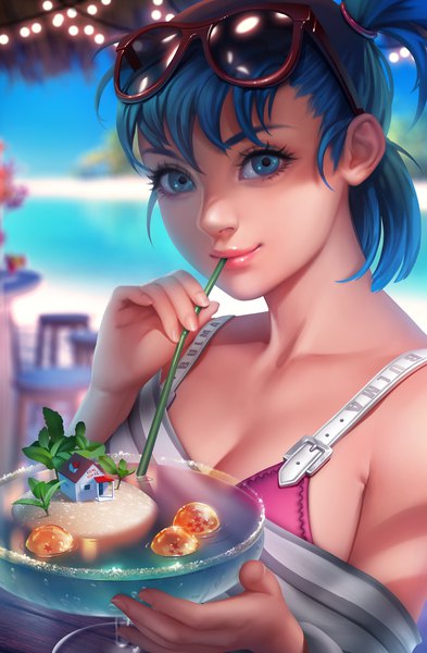Anime picture 3300x5034 with dragon ball bulma tsuaii zolaida (artist) single tall image looking at viewer highres short hair blue eyes blue hair absurdres cleavage lips blurry realistic off shoulder shadow depth of field shaded face