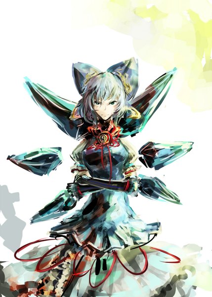Anime picture 1143x1600 with touhou cirno antiquewhite single tall image looking at viewer short hair blue eyes blue hair puffy sleeves crossed arms girl gloves bow hair bow wings elbow gloves