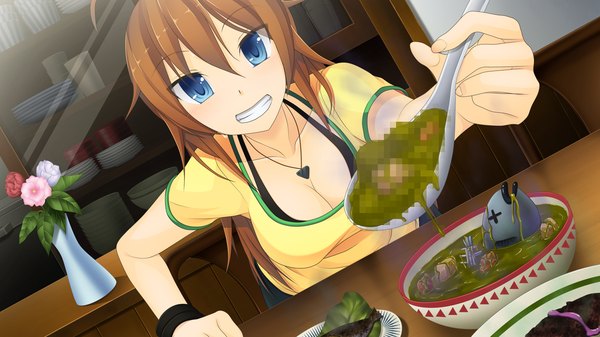 Anime picture 1280x720 with natsuiro asagao residence long hair blue eyes brown hair wide image game cg girl flower (flowers) food