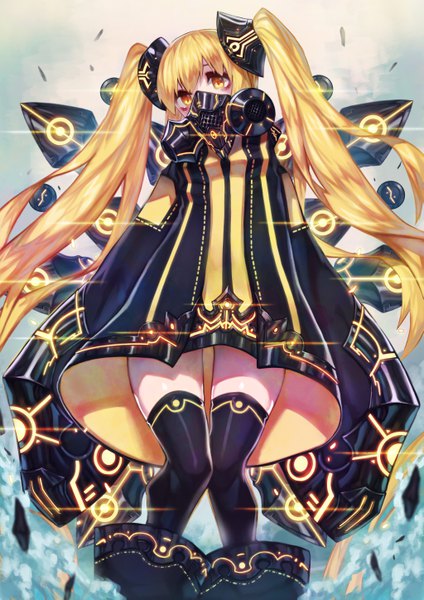 Anime picture 4093x5787 with original doku-chan (dokkudokudoku) single long hair tall image looking at viewer highres blonde hair twintails yellow eyes absurdres long sleeves very long hair head tilt from below zettai ryouiki sleeves past wrists neon trim girl thighhighs