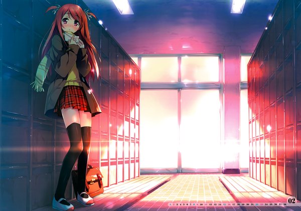 Anime picture 7017x4930 with 5 nenme no houkago (artbook) original kurumi (kantoku) kantoku single long hair blush highres looking away absurdres pleated skirt pink eyes sunlight scan orange hair open clothes open jacket official art two side up calendar 2014