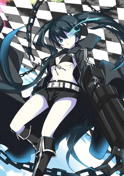 Anime picture 2894x4093 with black rock shooter black rock shooter (character) gintarou (kurousagi108) single long hair tall image highres blue eyes black hair twintails scar checkered background girl weapon shorts boots chain bikini top