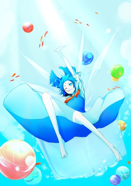 Anime picture 1500x2118 with touhou cirno yugeoryouki single tall image short hair blue eyes blue hair one eye closed barefoot wink no shoes mouth hold underwater girl dress bow hair bow wings water