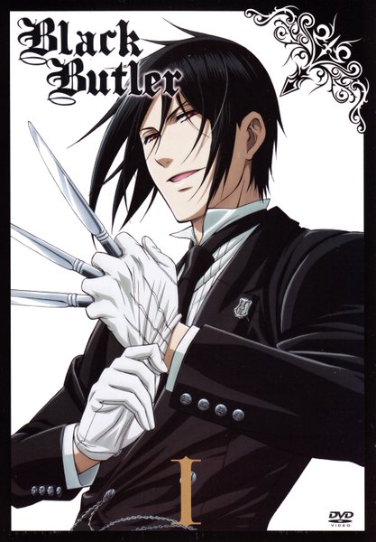 Anime picture 3961x5691 with kuroshitsuji a-1 pictures sebastian michaelis single tall image highres short hair open mouth black hair simple background red eyes looking away absurdres scan inscription butler adjusting gloves boy gloves necktie