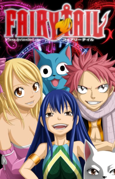 Anime picture 932x1439 with fairy tail lucy heartfilia natsu dragneel wendy marvell happy (fairy tail) charle (fairy tail) natilokijung long hair tall image short hair breasts open mouth light erotic blonde hair simple background smile multiple girls brown eyes blue hair pink hair