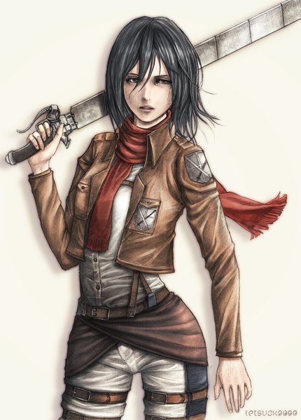 Anime picture 1325x1850 with shingeki no kyojin production i.g mikasa ackerman tetsuok9999 single tall image highres short hair open mouth black hair simple background white background lips black eyes open clothes open jacket weapon over shoulder girl weapon sword