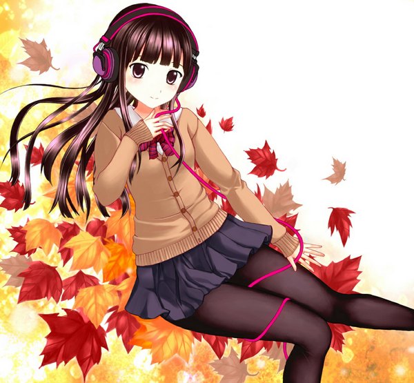 Anime picture 1100x1018 with original neuron (exceed) single long hair looking at viewer blush brown hair purple eyes light smile autumn girl skirt uniform school uniform pantyhose headphones bowtie leaf (leaves) sweater autumn leaves