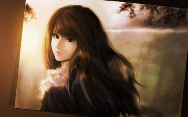 Anime picture 1280x801 with original chaosringen single long hair looking at viewer brown hair wide image looking back wind realistic inscription lipstick portrait face girl photo (object)