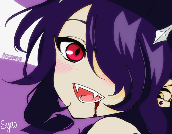 Anime picture 963x755 with owari no seraph wit studio ashuramaru syao single long hair looking at viewer blush fringe open mouth smile red eyes signed purple hair head tilt :d horn (horns) hair over one eye teeth fang (fangs)