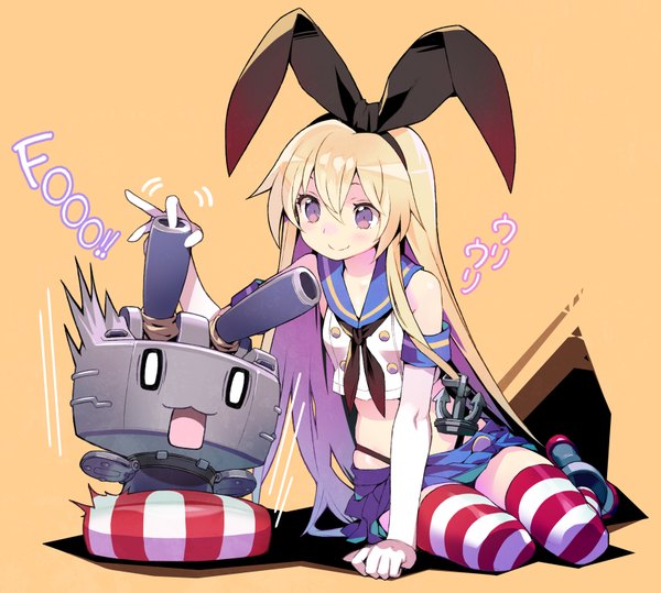 Anime picture 1668x1500 with kantai collection shimakaze destroyer rensouhou-chan utsumi (niconico) long hair blush simple background blonde hair smile sitting brown eyes scared girl thighhighs skirt gloves hair ornament underwear panties miniskirt