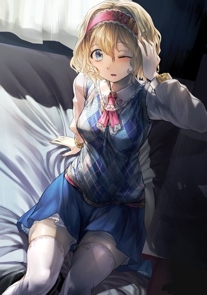 Anime picture 840x1200 with touhou alice margatroid geppewi single tall image looking at viewer blush short hair blue eyes blonde hair sitting one eye closed fingernails wink hand on head girl thighhighs skirt miniskirt shirt