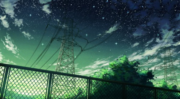 Anime picture 1300x721 with original aoha (twintail) wide image sky cloud (clouds) night night sky no people plant (plants) tree (trees) star (stars) fence power lines chain-link fence