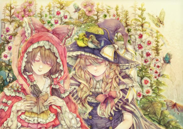 Anime picture 1400x990 with touhou hakurei reimu kirisame marisa yogisya blonde hair brown hair multiple girls eyes closed single braid miko witch girl flower (flowers) bow 2 girls plant (plants) hair bow animal bird (birds) book (books)