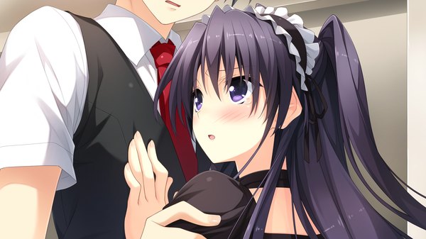 Anime picture 1920x1080 with berry's morikubo yuna suzuhira hiro long hair blush highres open mouth black hair wide image purple eyes game cg tears girl dress boy headdress