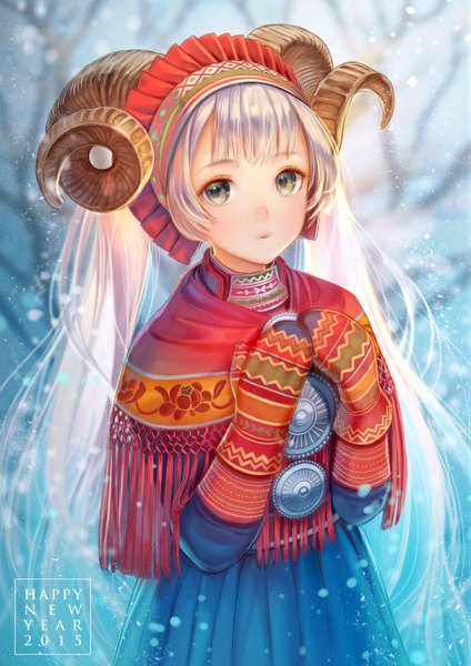 Anime picture 724x1024 with original siro single long hair tall image looking at viewer blue eyes twintails white hair horn (horns) winter girl headdress mittens