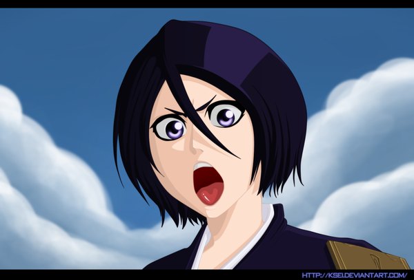 Anime picture 2000x1358 with bleach studio pierrot kuchiki rukia ksei single highres short hair open mouth purple eyes sky purple hair cloud (clouds) coloring portrait face girl