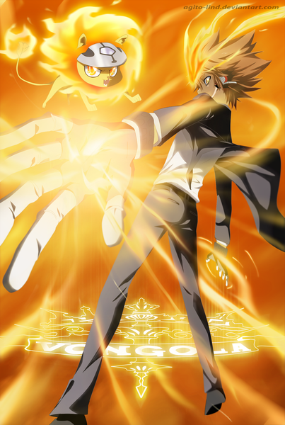 Anime picture 1000x1489 with katekyou hitman reborn sawada tsunayoshi nuts (khr) aagito tall image short hair brown hair brown eyes yellow eyes profile coloring magic glowing light boy gloves animal headphones pants cat