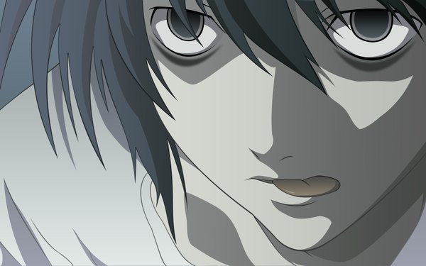 Anime picture 1920x1200 with death note madhouse l (death note) single highres short hair black hair wide image black eyes portrait close-up vector boy tongue