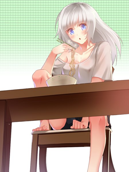 Anime picture 768x1024 with original ktsis single long hair tall image blush open mouth blue eyes sitting white hair barefoot bare legs legs eating girl t-shirt table