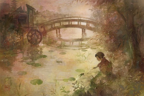 Anime picture 1200x805 with original shouin single blush short hair brown hair traditional clothes japanese clothes squat scenic river girl flower (flowers) plant (plants) tree (trees) kimono obi grass bridge frog